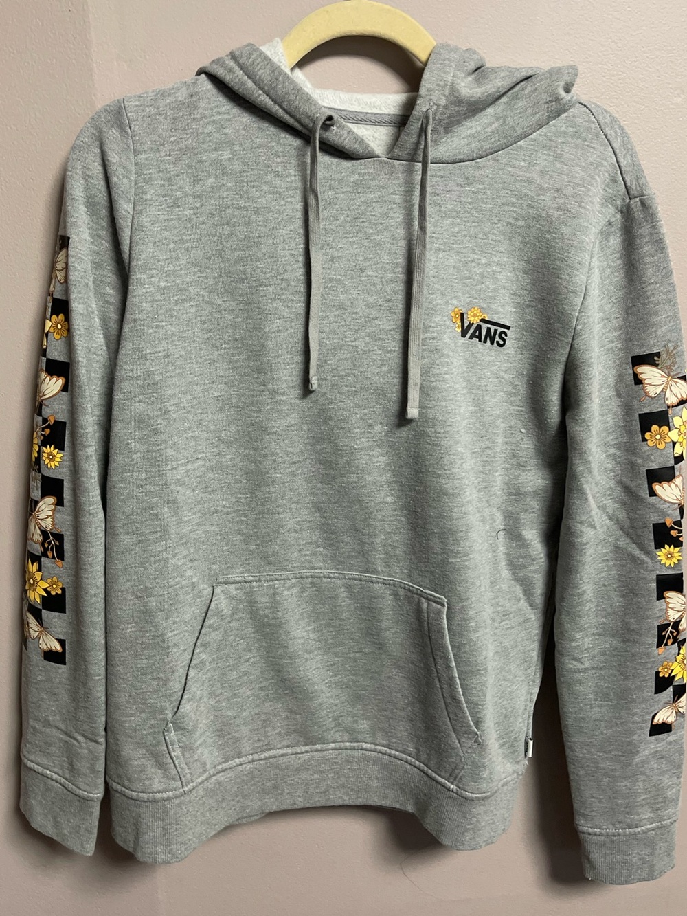 Vans Grey Pullover Hoodie with Yellow Floral Sleeve Accents